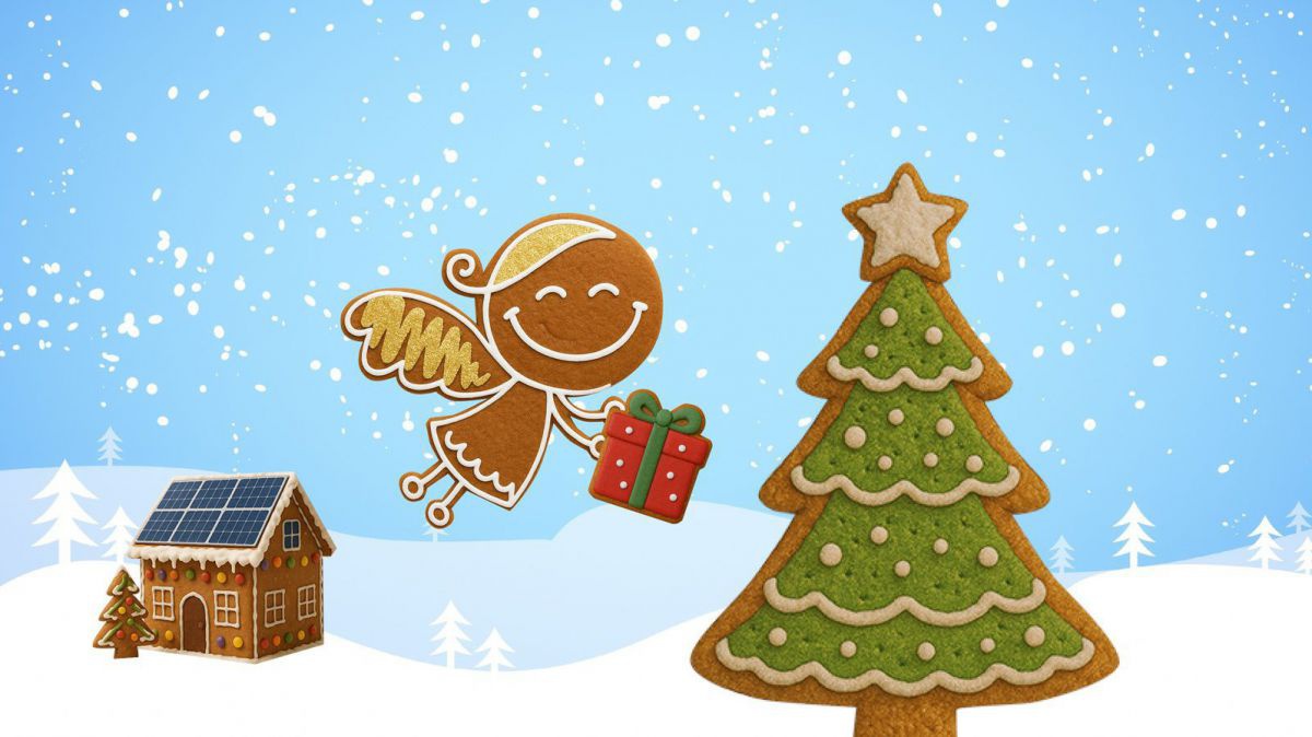 Weihnachtsengel bringt Geschenk zu Christbaum, im Hintergrund sind eine Schneelandschaft auf hellblauem Grund und ein Haus zu sehen. Die Figuren sind aus Lebkuchen.