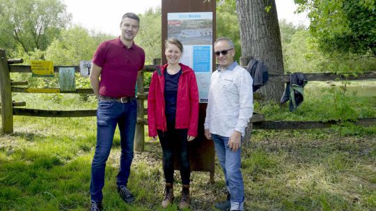 3 Personen stehen vor einer Informationstafel, dahinter ein Baum