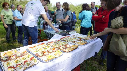 Menschen an einem Buffet im Freien