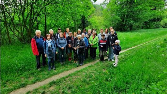 Gruppe von Menschen auf einer Wiese, im Hintergrund sind Bäume