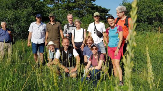 Menschen auf einer Wiese lächeln in die Kamera, im Hintergrund ist Wald zu sehen