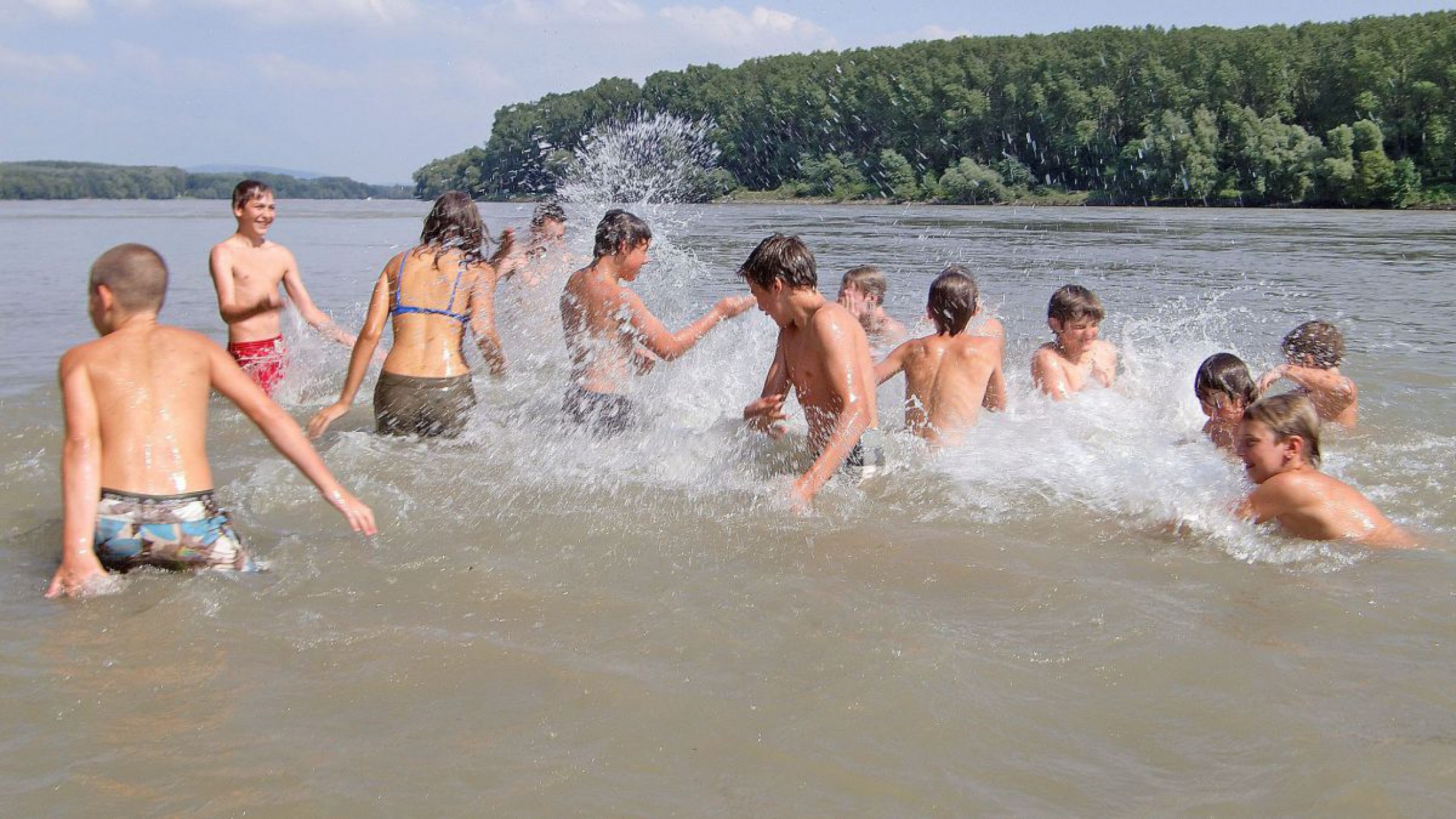 Gruppe von Kindern, die im Wasser der Donau spielen und sich gegenseitig anspritzen, dahinter Wald