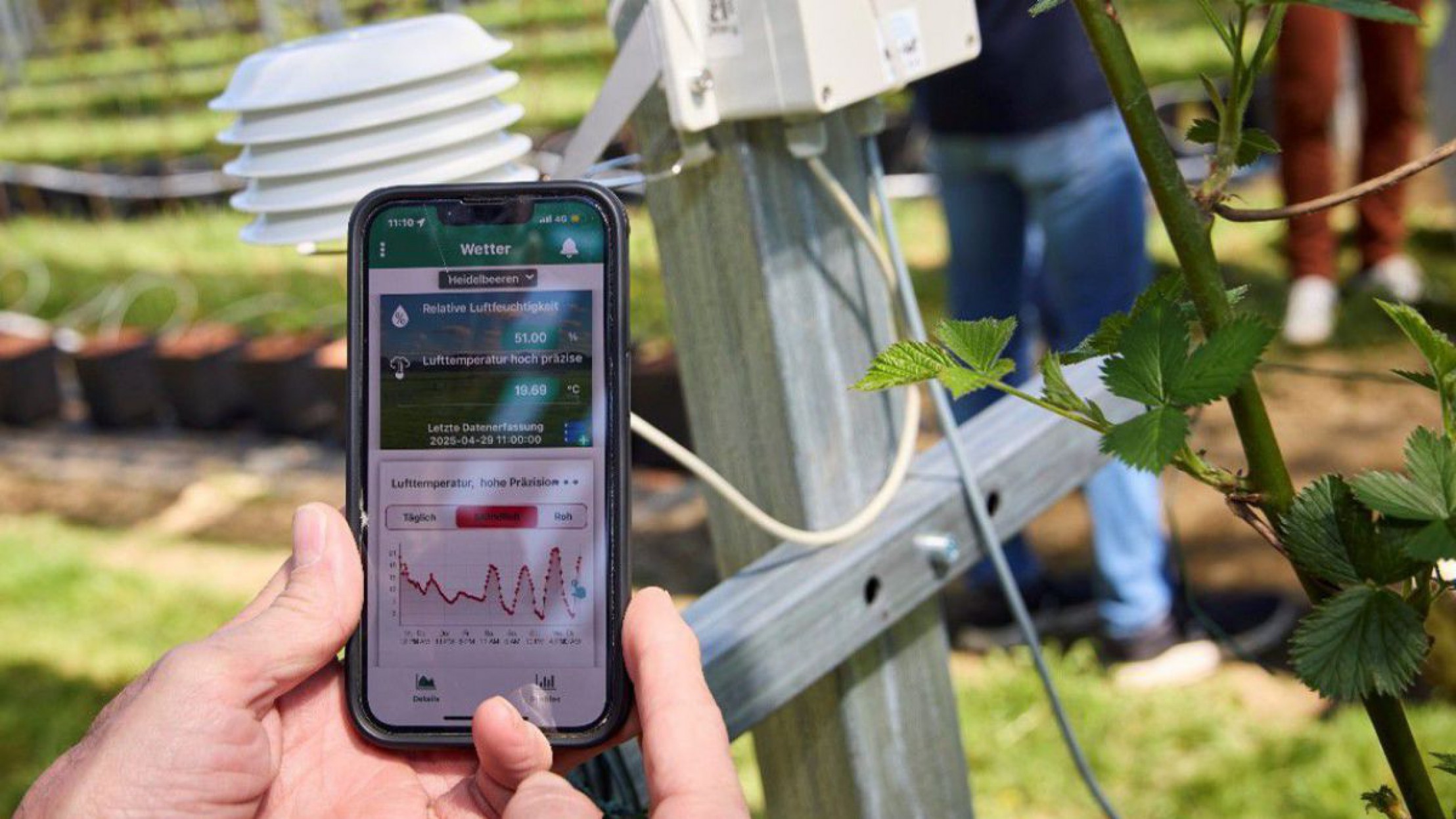Person misst die Leistung der Agri-PV-Anlage Bodensdorf &uuml;ber das angeschlossene Smartphone. Es sind nur die H&auml;nde der Person zu sehen.