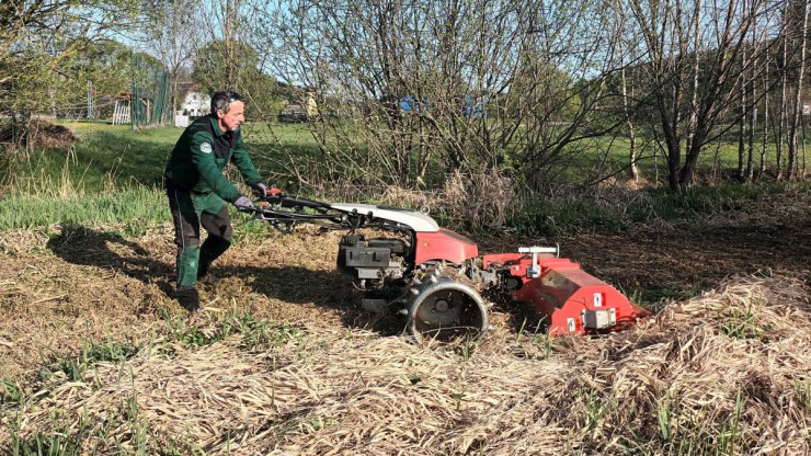 Mann m&auml;ht Wiese mit Einachsm&auml;her