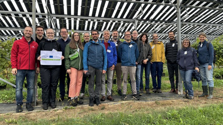 Wichtige Stakeholder der naturvertr&auml;glichen Energiewende in N&Ouml; posieren unter der PV-Anlage mit Beerenkultur.